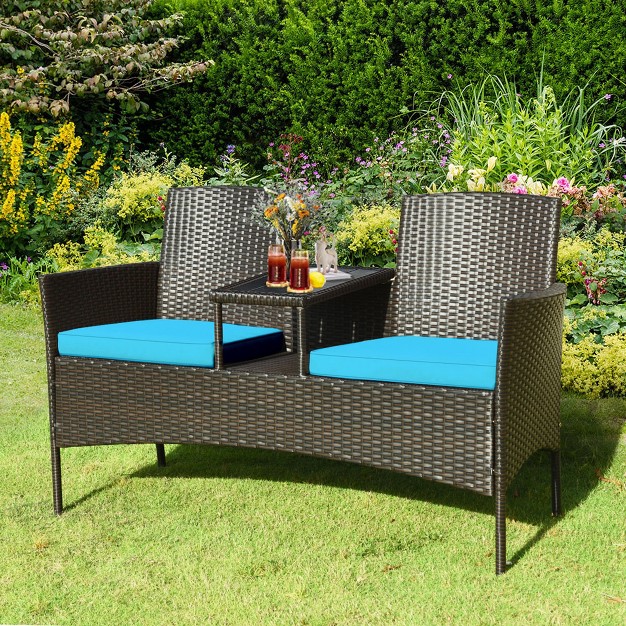 Tangkula Outdoor Patio Rattan Wicker Conversation Set Loveseat Sofa With Coffee Table