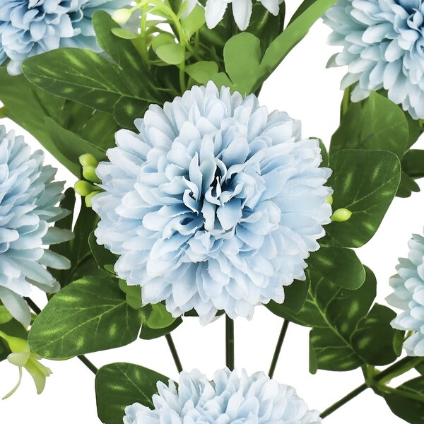 Set of 3 Light Blue Artificial Pom Pom Mum Flower Stem Bush Bouquet 16in