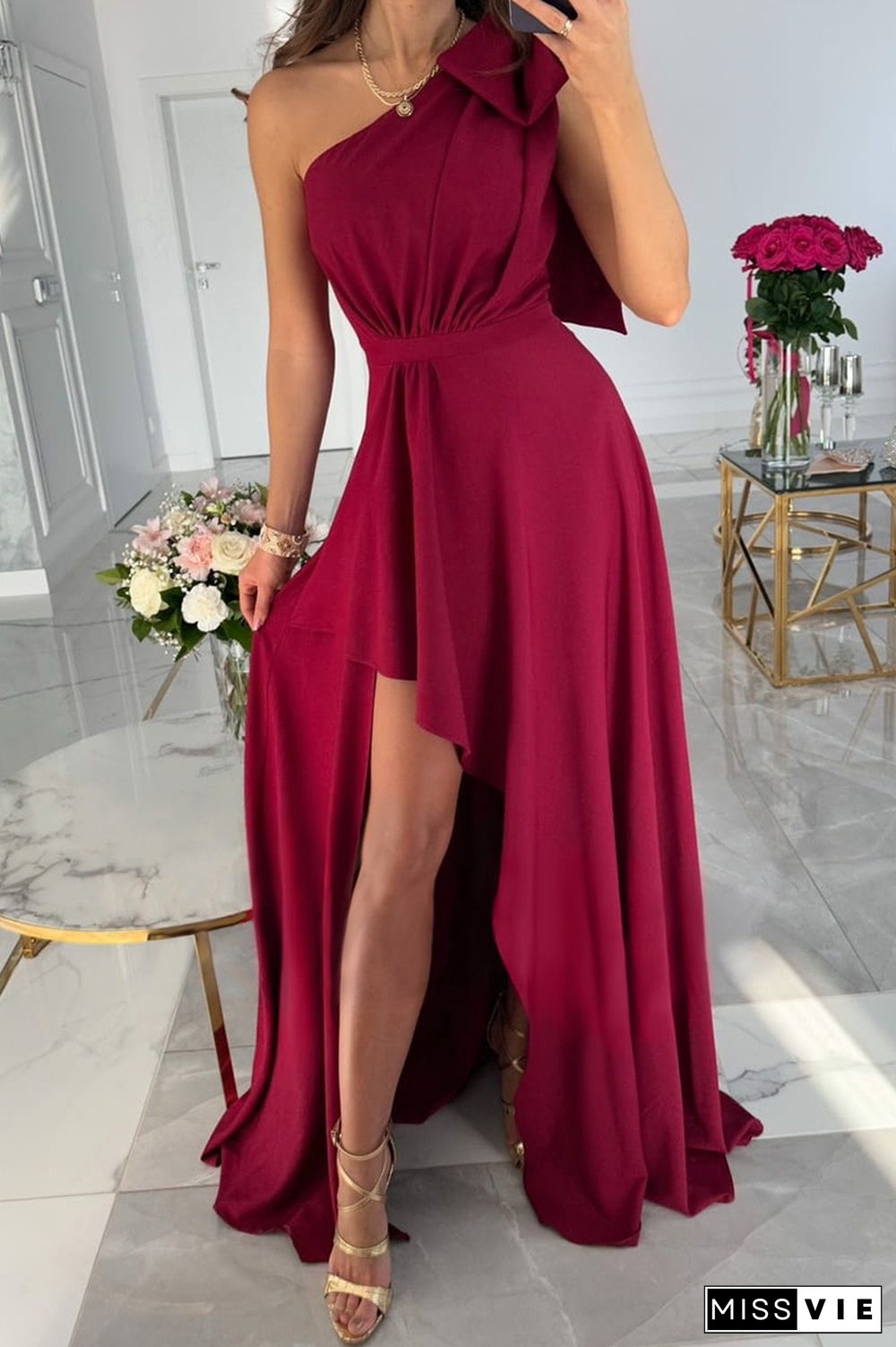 Casual Simplicity Solid Asymmetrical With Bow Oblique Collar Irregular Dress Dresses