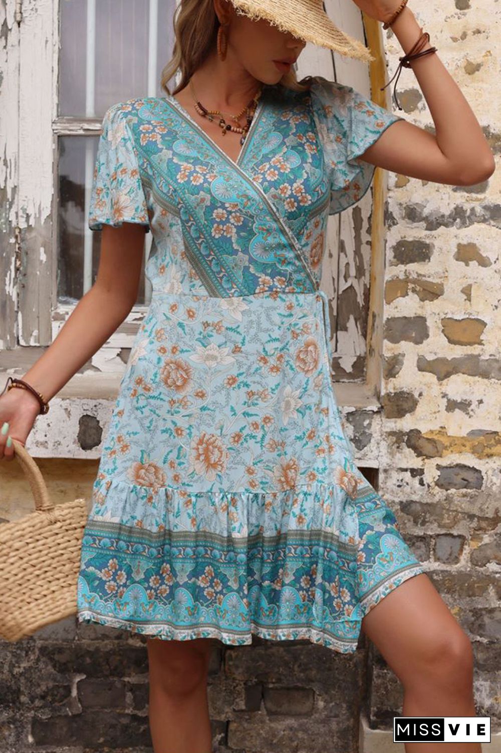 Green Floral V Neck Dress Wholesale