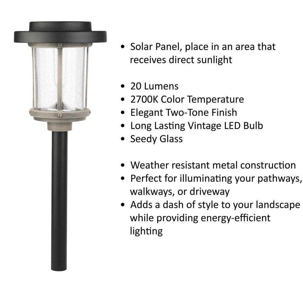 Hampton Bay Charleston 20 Lumens Solar 2-Tone Black and Grey Diecast LED Pathway Light with Seedy Glass Lens and Vintage Bulb P9107-07