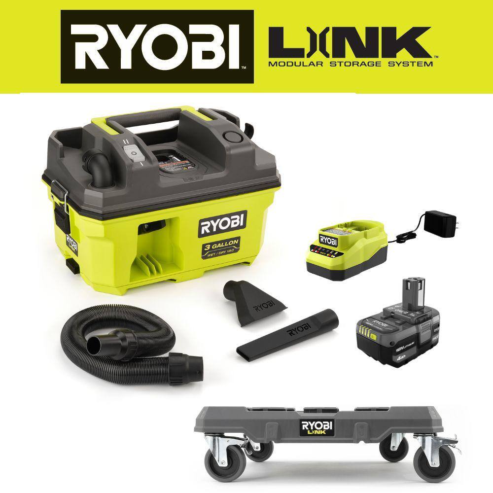 RYOBI LINK Rolling Base with ONE+ 18V LINK Cordless 3 Gal. WetDry Vacuum Kit with 4.0 Ah Battery and 18V Charger STM204-PCL734K