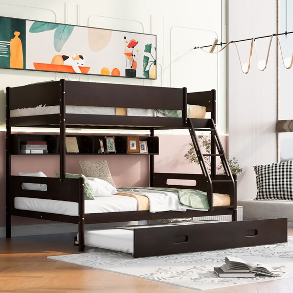 Wood Twin over Full Bunk Bed with Storage Shelves ...