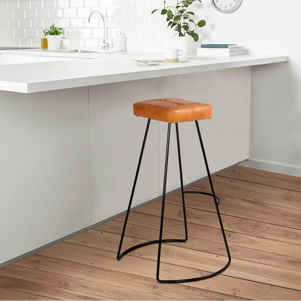 32 Inch Modern Bar Stool， Genuine Leather Seat， Metal Frame， Button Tufted， Tan Brown， Black - 21.5 L x 19 W x 31.7 H Inches