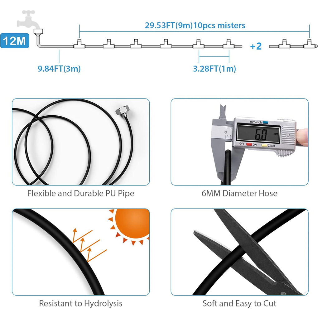 Rinhoo Trampoline Misting System Outdoor Cooling System Patio Garden Fan Mister with Adapter， 12M/40FT， US Plug