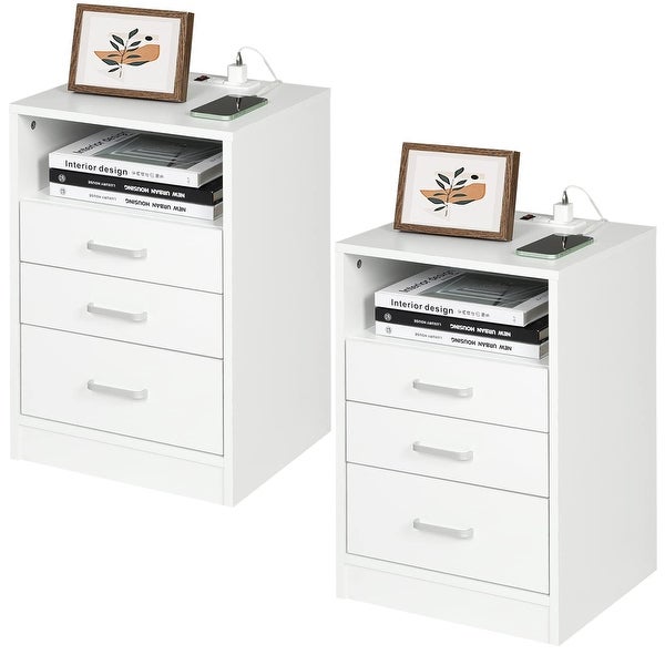 Nightstands Set of 2， White Night Stands with Charging Station， Bedside Table with Drawers and USB Ports for Bedroom，Living Room - - 37637641