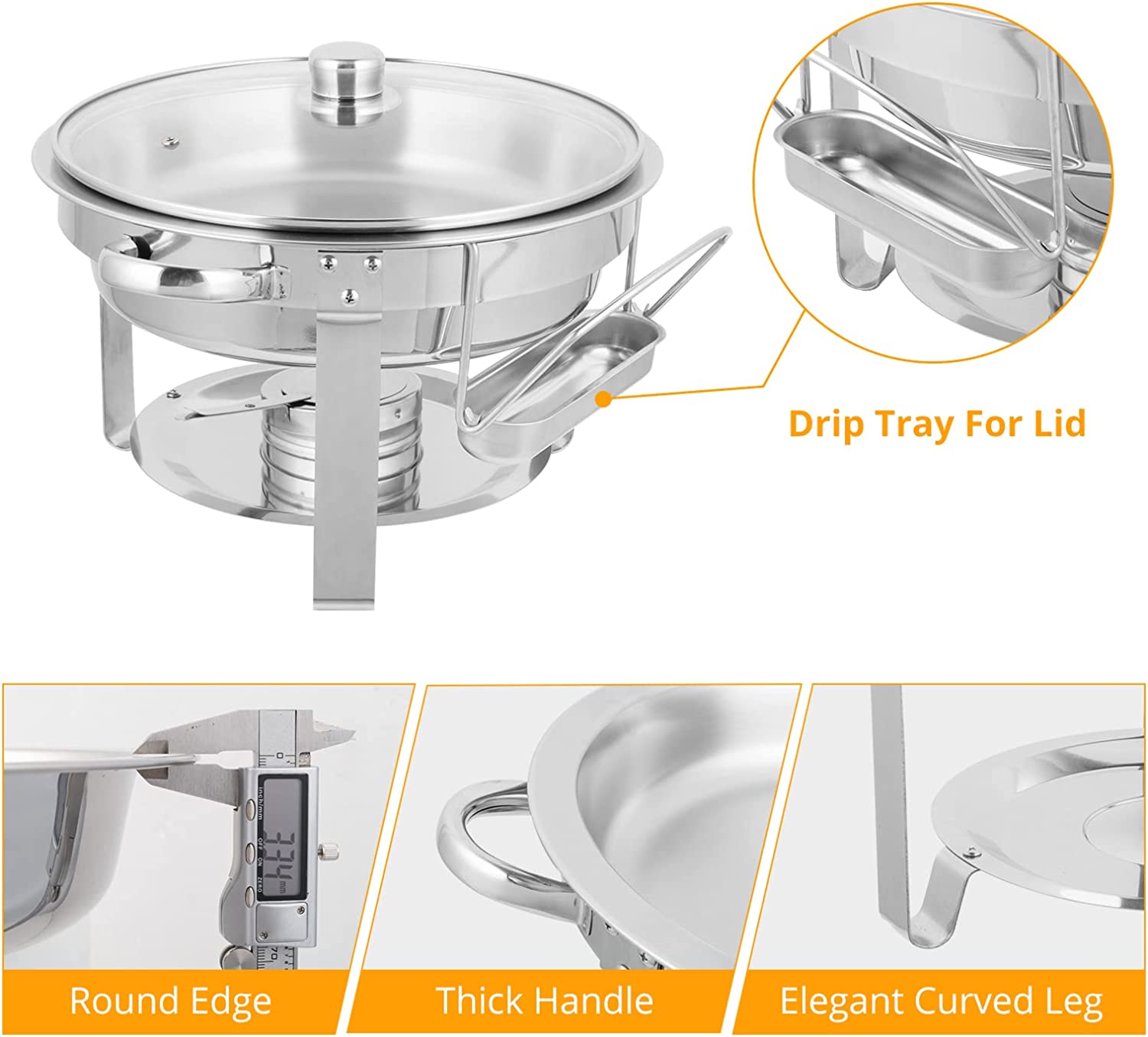 ROVSUN 5 Qt 2 Pack Round Chafing Dish Buffet Set with Glass Lid and Lid Holder