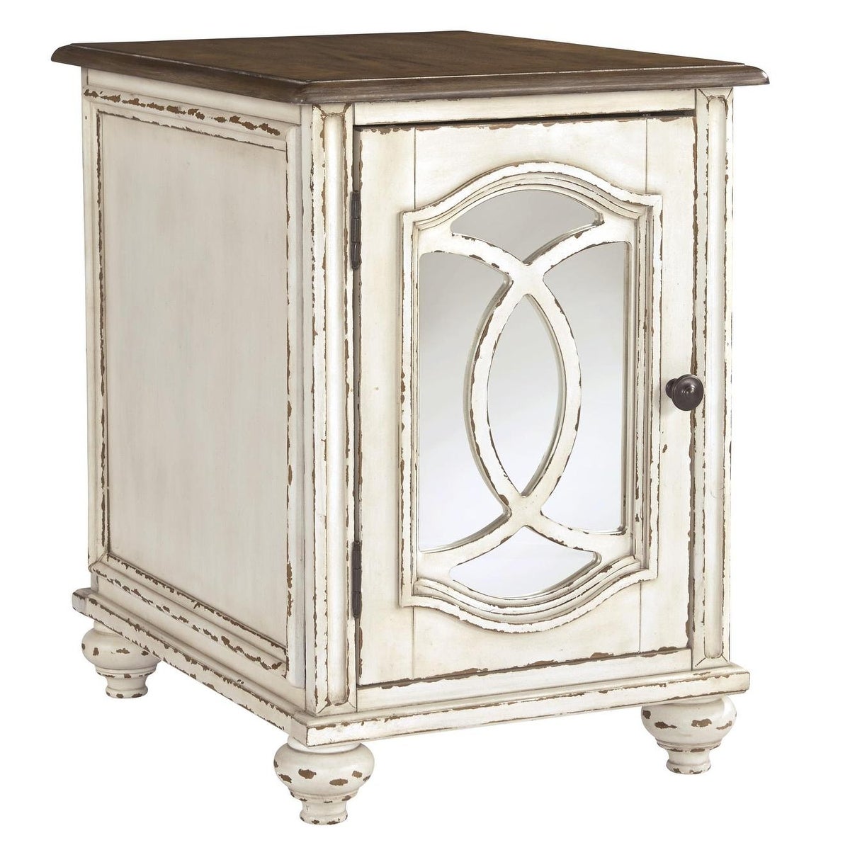 Two Tone Chair Side End Table with Mirror Insert Cabinet， White and Brown - 25.25 H x 18 W x 24 L