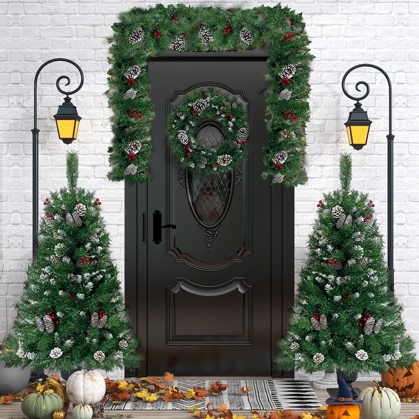 Prelit Xmas Tree Artificial Christmas 4Piece Set，Garland，Wreath and Set of 2 Entrance Trees Xmas with LED Lights