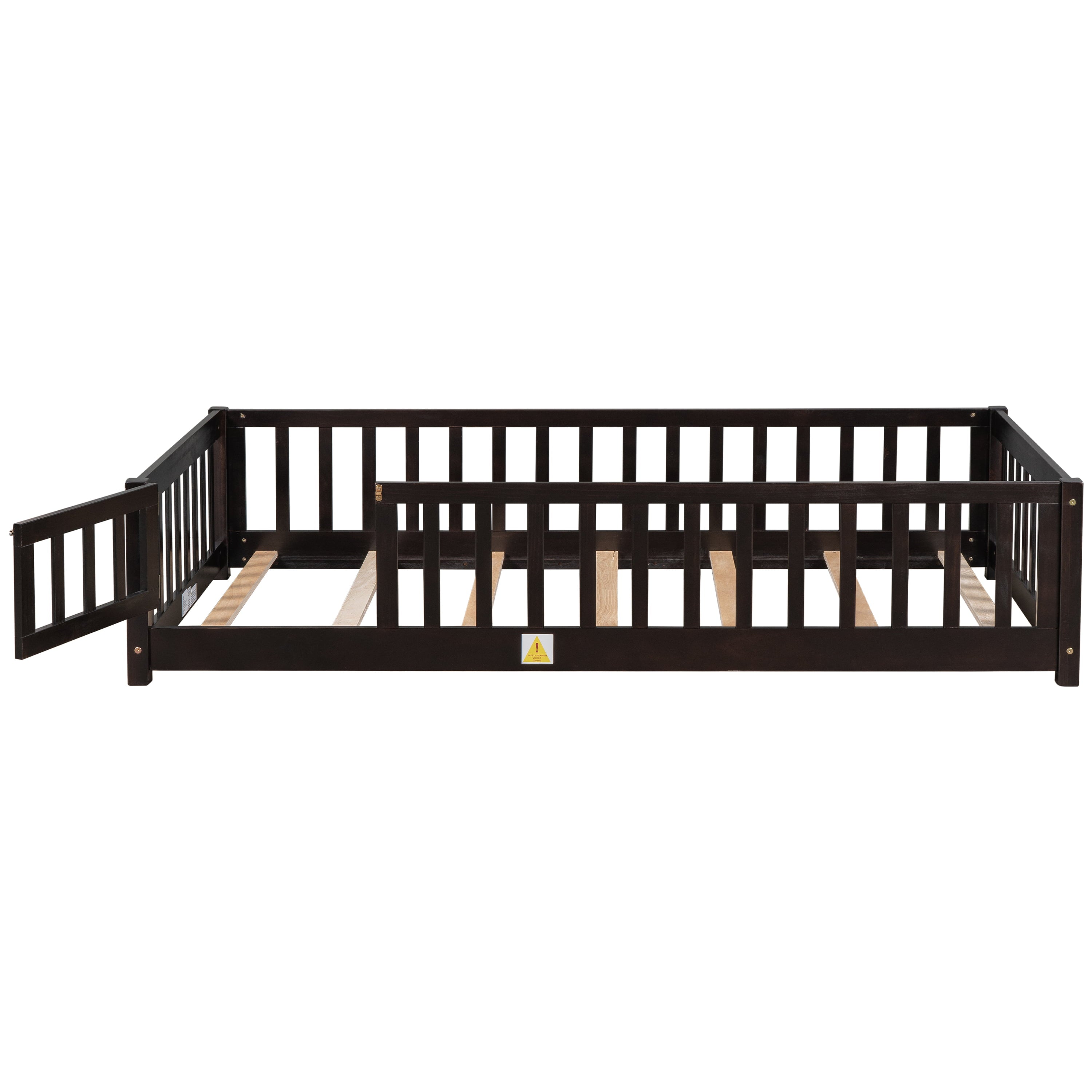 uhomepro Twin Size Wood Floor Bed Frame with Fence and Door for Kids, Toddlers, Espresso