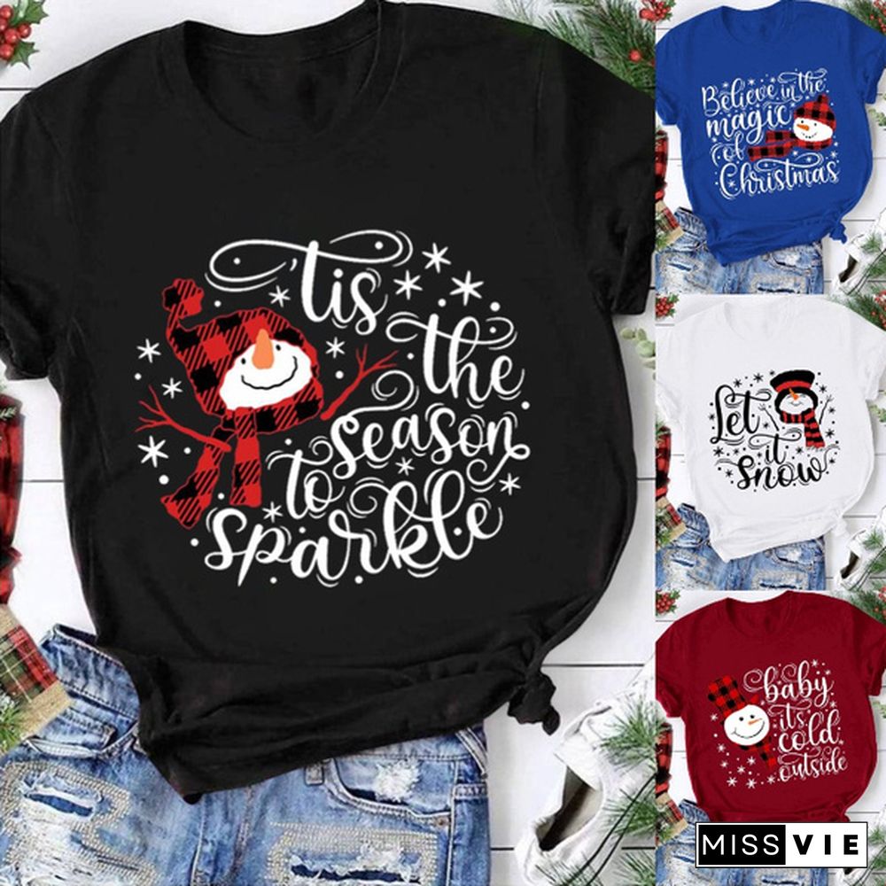 New Xmas Women Fashion Short Sleeve Merry Christmas Print Top Family Cute Casual Festival T Shirt Plus Size