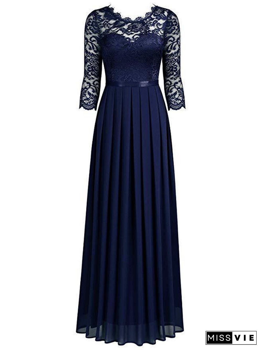 Medium-long Sleeve Chiffon Dress Round Neck Stitching Lace Dress Evening Dress Black Dresses