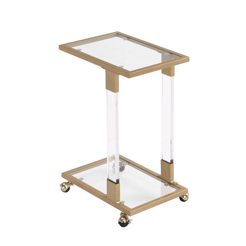 Grondin Modern Contemporary C Shaped Side Table Snack Table with Tempered Glass  Steel and Acrylic Frame  Lockable Casters