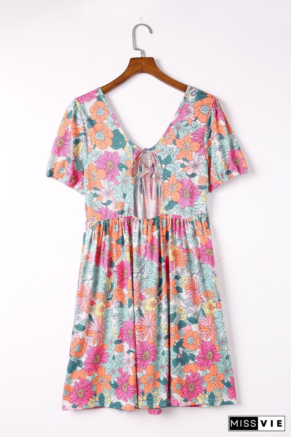 Multicolor Floral Print Tie Back Short Sleeve Dress