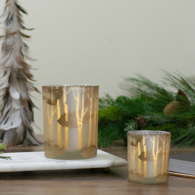 Matte Gold And White Birch Flameless Glass Candle Holder