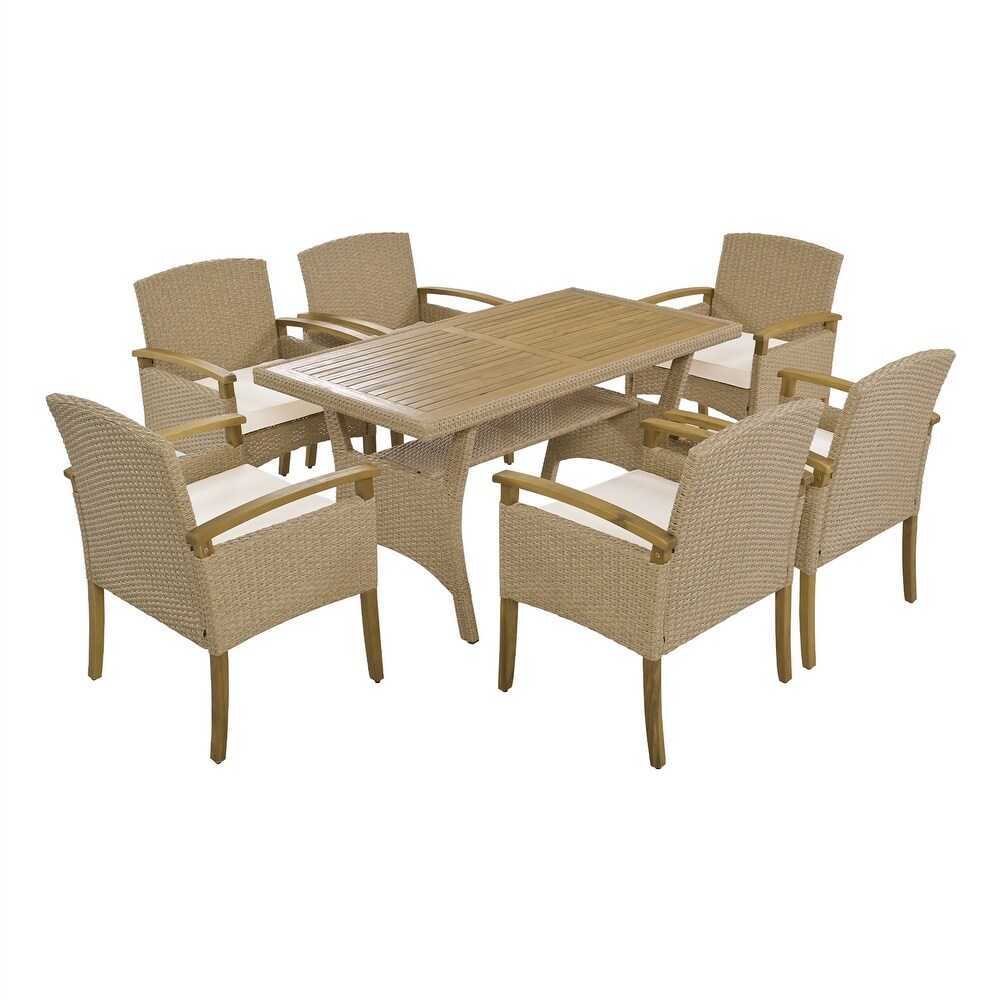 White Outdoor Patio 7 Piece Rattan Dining Table Set