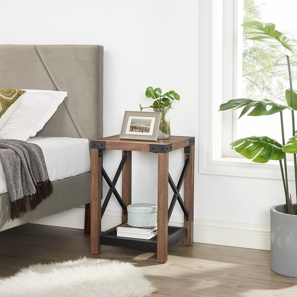 Farmhouse Wood Side Table with Mesh Shelf