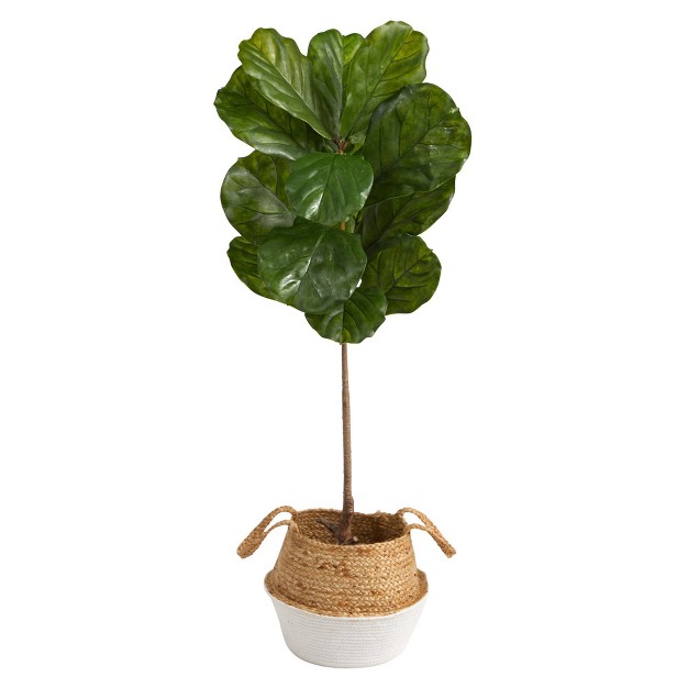 Nearly Natural 4-ft Fiddle Leaf Tree In Boho Chic Handmade Cotton and Jute White Woven Planter Uv Resistant