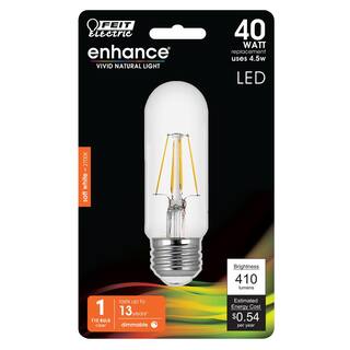 Feit Electric 40-Watt Equivalent T10 Dimmable Filament CEC Title 20 Compliant LED 90+ CRI Clear Glass Light Bulb Soft White BPT1040927CARP