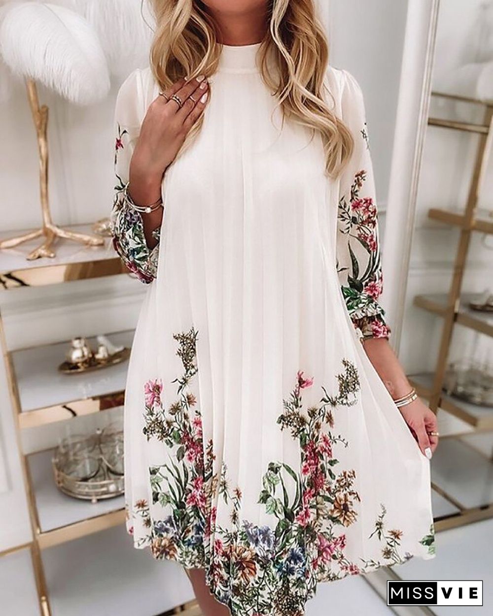 Half Sleeve Floral Print Ruched Dress