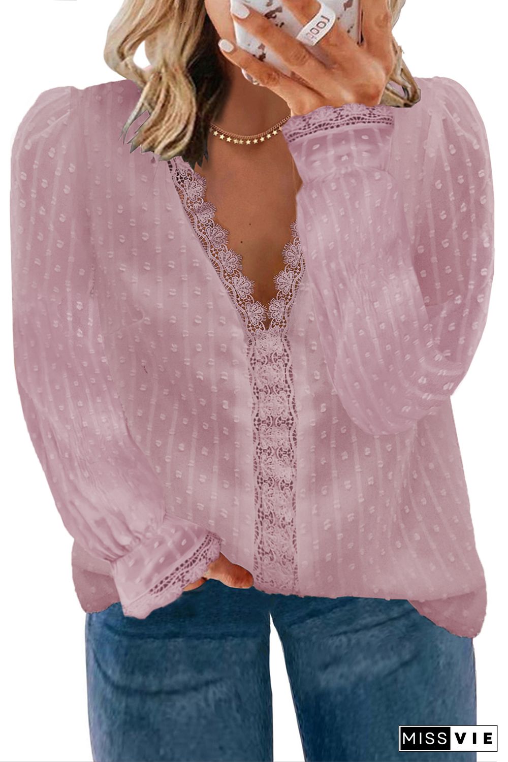 Pink Swiss Dot Lace Splicing Plus Size Blouse