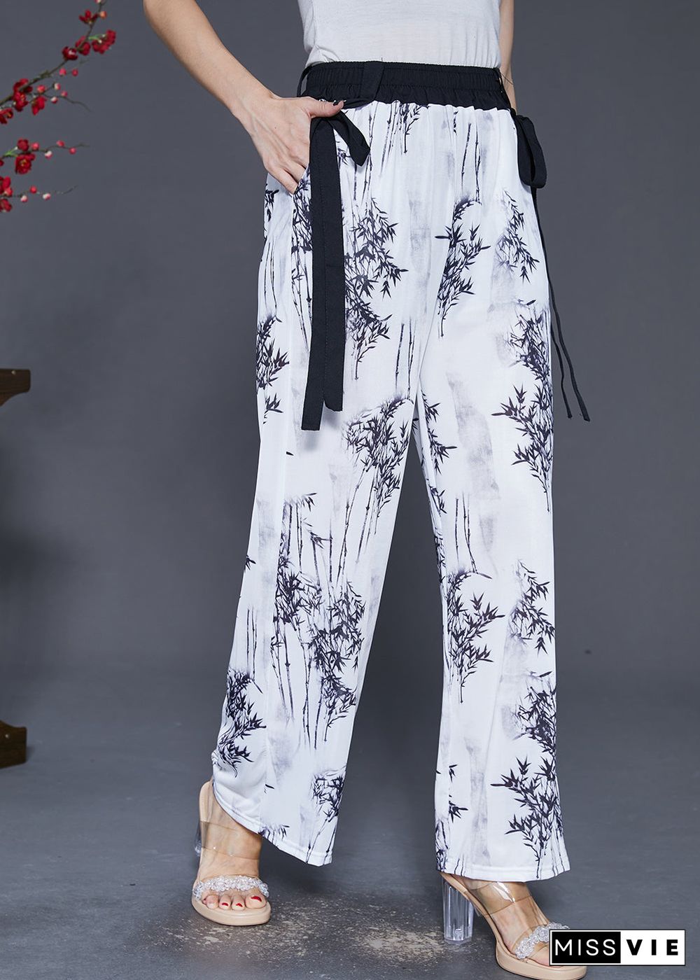 Vintage White Bamboo Print Draping Chiffon Straight Pants Fall