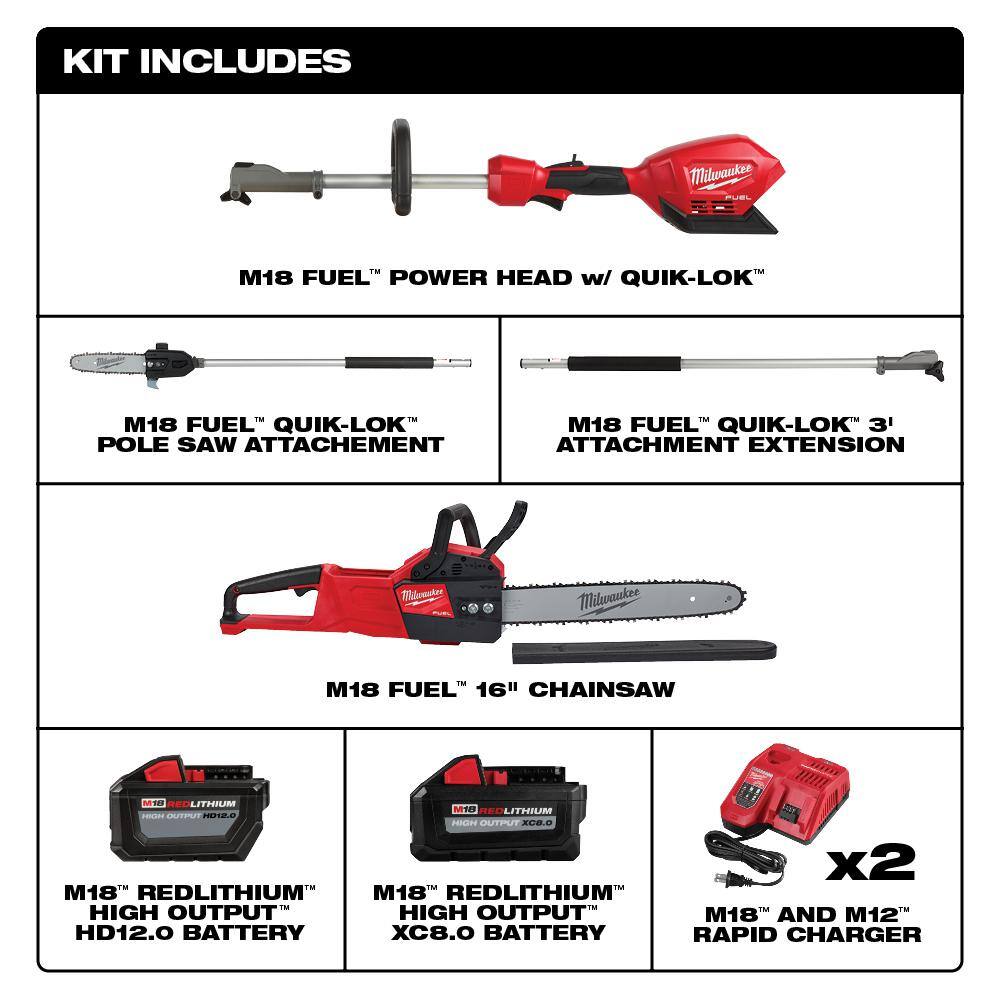 MW M18 FUEL 10 in. 18-Volt Lithium-Ion Brushless Cordless Pole Saw  16 in. Chainsaw Combo Kit with Two Batteries 2825-21PS-2727-21HD