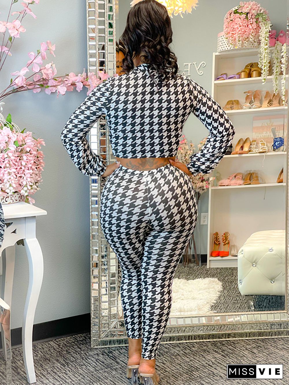 Houndstooth Print Bandage Crop Top Pants Set