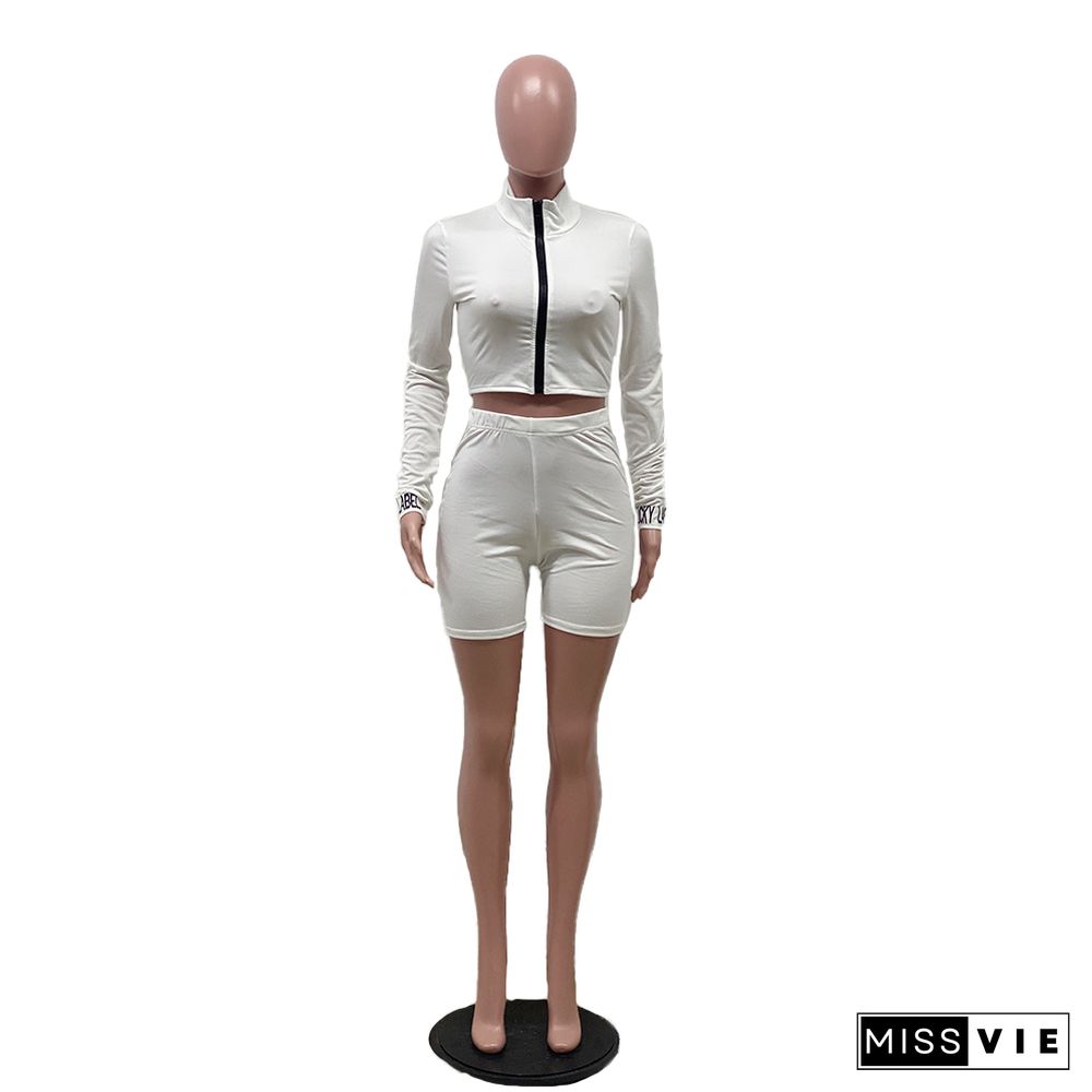 Long Sleeve Zipper Stand Collar Short Top+Tight Shorts Set