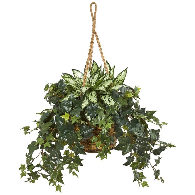 Nearly Natural 30-in Silver Queen And Ivy Artificial Plant In Hanging Basket