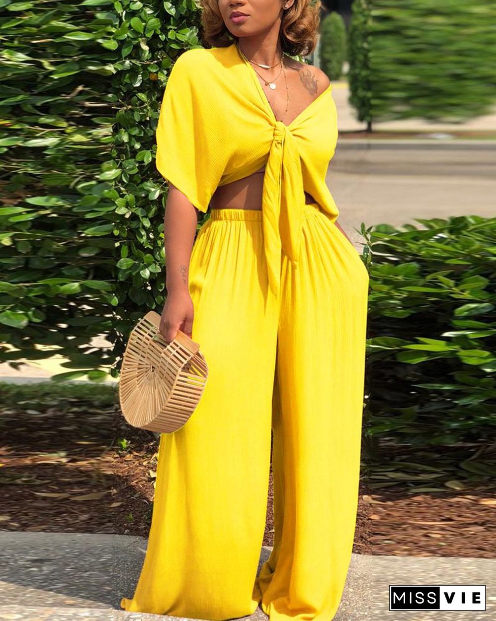 Solid Color Tie Front Crop Top & Wide Leg Pants Set