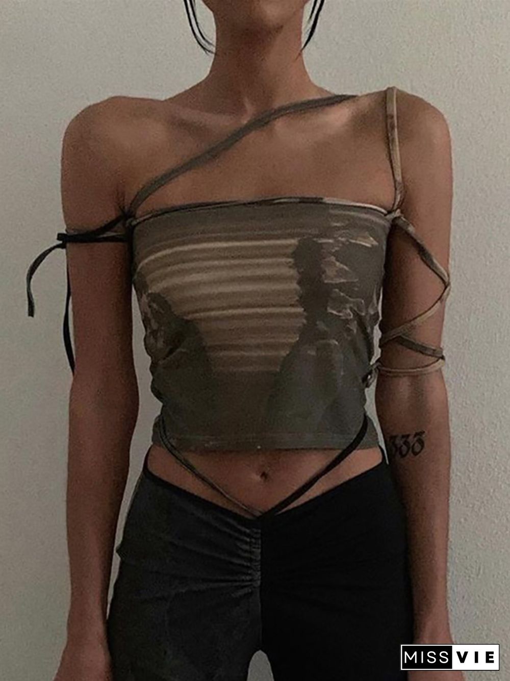 Goth Dark Punk Gothic Camis Grunge Lace Up Off Shoulder Women Crop Tops Hip Hop Bodycon Sleeveless Vintage Print 90S Streetwear