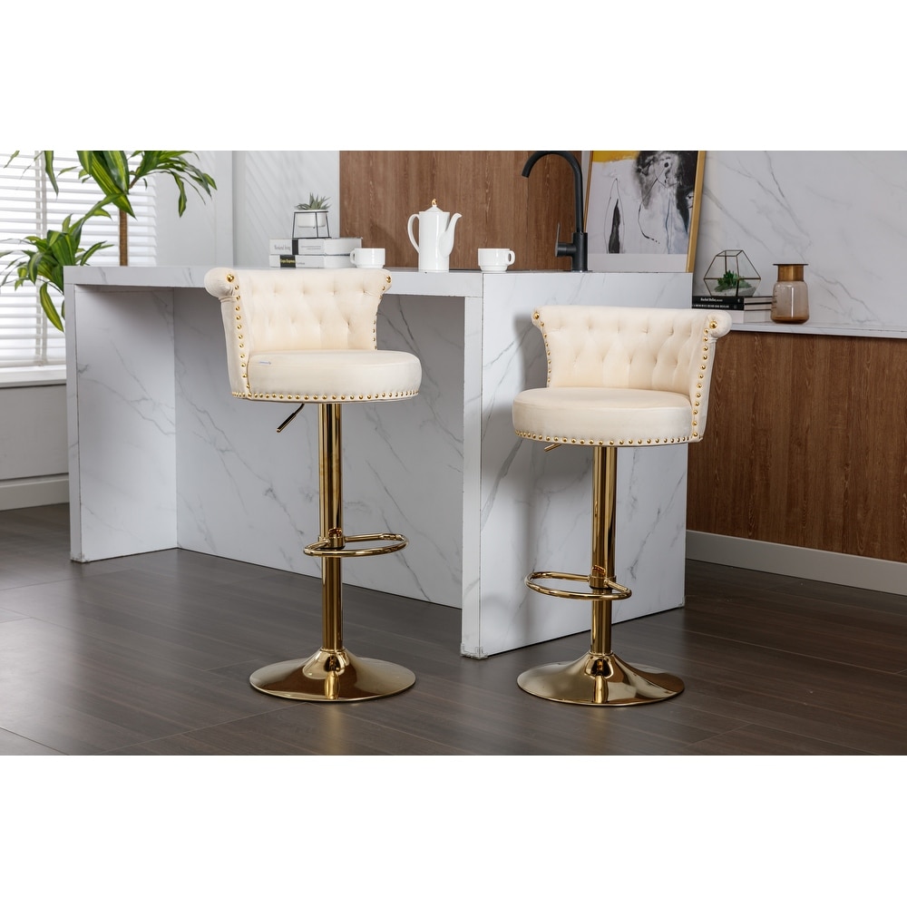 Velvet Upholstered Tufted Nailheads Swivel Adjustable Height Bar Stools With Golden Footrest(set of 2)