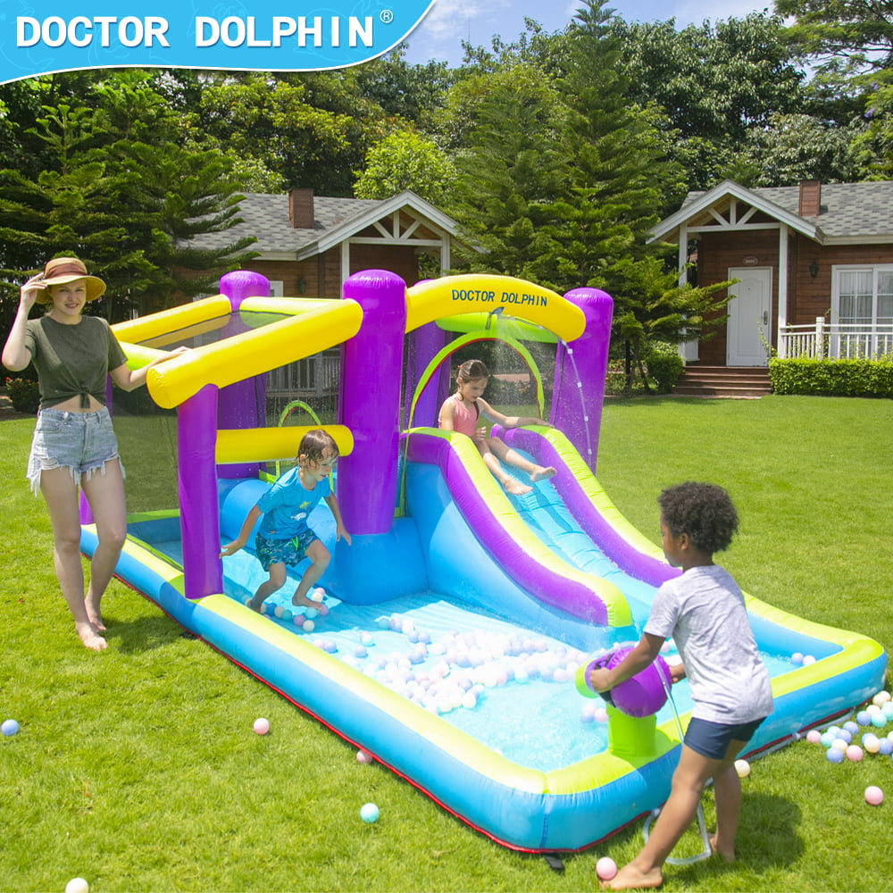 Inflatable Bounce House 5 in 1 Water Slide Jumping Park With Splashing Pool Water Cannon Including Carry Bag Stakes Repair Kit Hose (with 450W Air Blower)