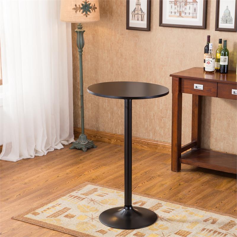 Roundhill Furniture Belham Black Round Top with Black Leg And Base Metal Bar Table and 2 Swivel Black Bonded Leather Adjustable Bar Stool Bar Sets