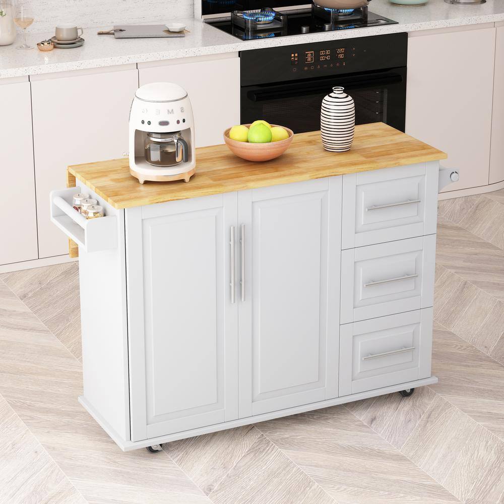 White Solid Wood Top 43.3 in. W Kitchen Island on 4-Wheels with 3-Drawers and 2-Door Cabinet VJ032KIsland11