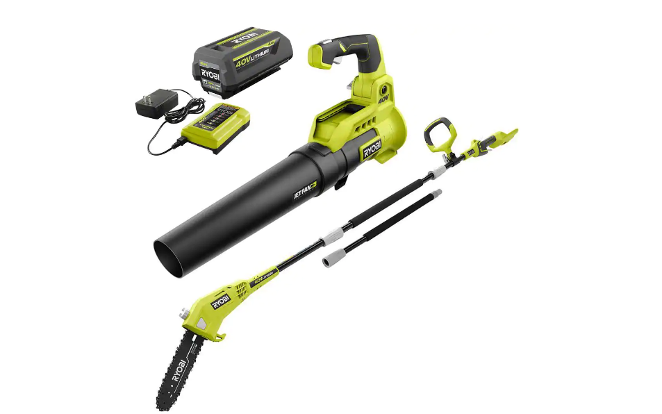 RYOBI RY40480VNM-PS 40V 110 MPH 525 CFM Jet Fan Leaf Blower and 10 in. Pole Saw with 4.0 Ah Battery and Charger