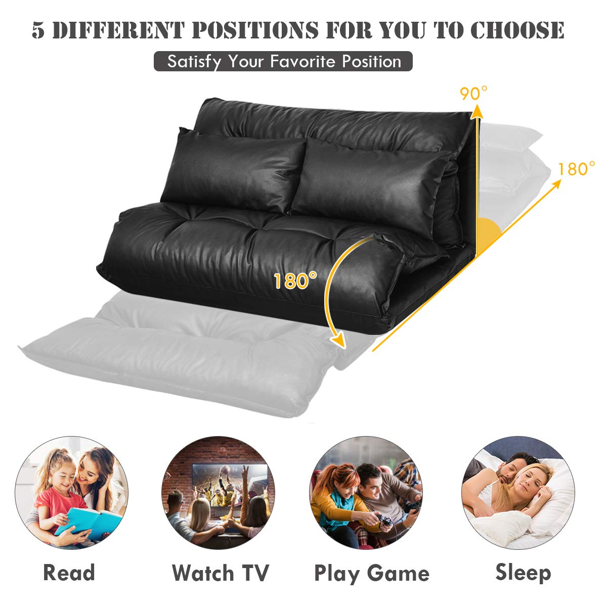 Giantex Floor Sofa PU Leather Leisure Bed Video Gaming Sofa with Two Pillows, Black