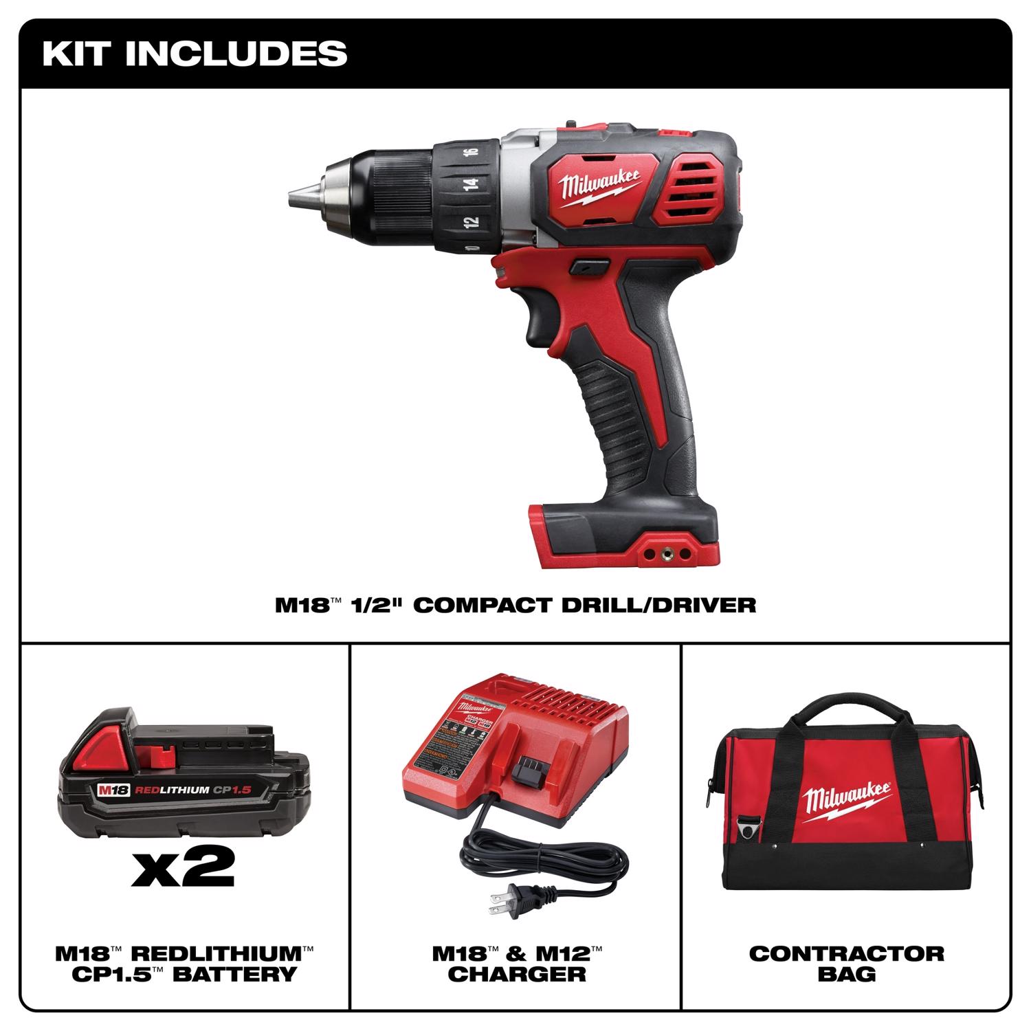 MW M18 18 V 1/2 in. Brushed Cordless Compact Drill Kit (Battery \u0026 Charger)