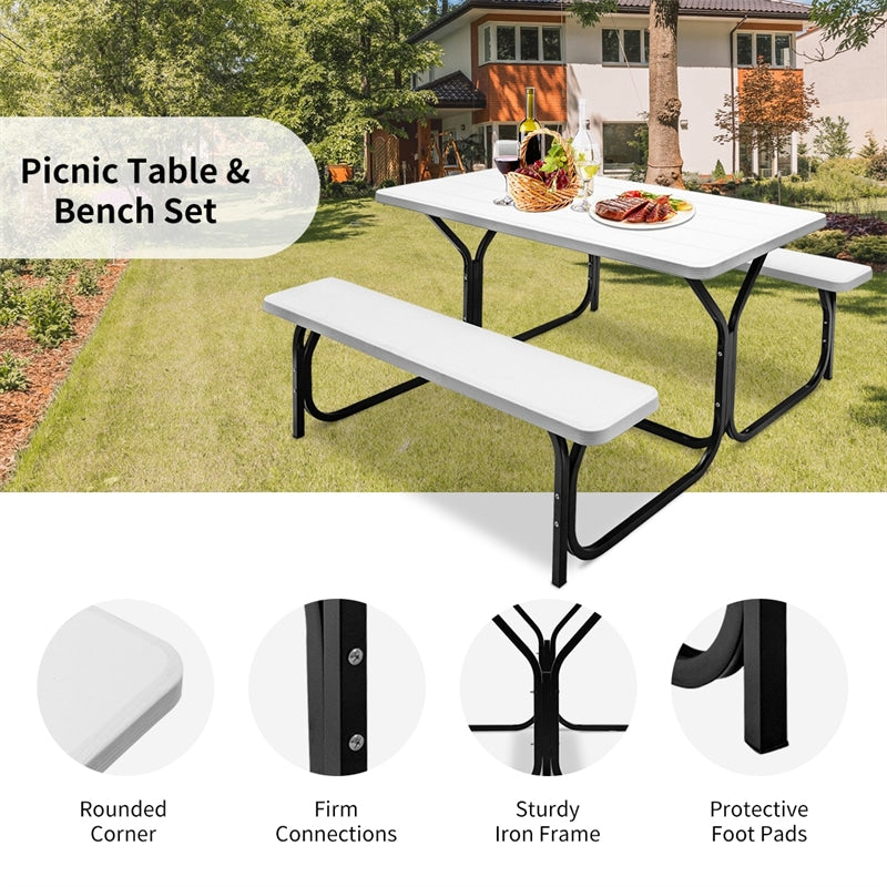 Outdoor Picnic Table Bench Set, All-Weather Dining Table Set, Metal Base Wood-Like Texture, Large Camping Table for Lawn Garden Backyard