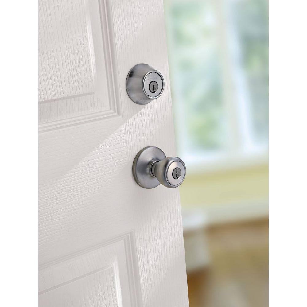 Kwikset Tylo Satin Chrome Entry Door Knob and Single Cylinder Deadbolt Combo Pack 690T 26D CP