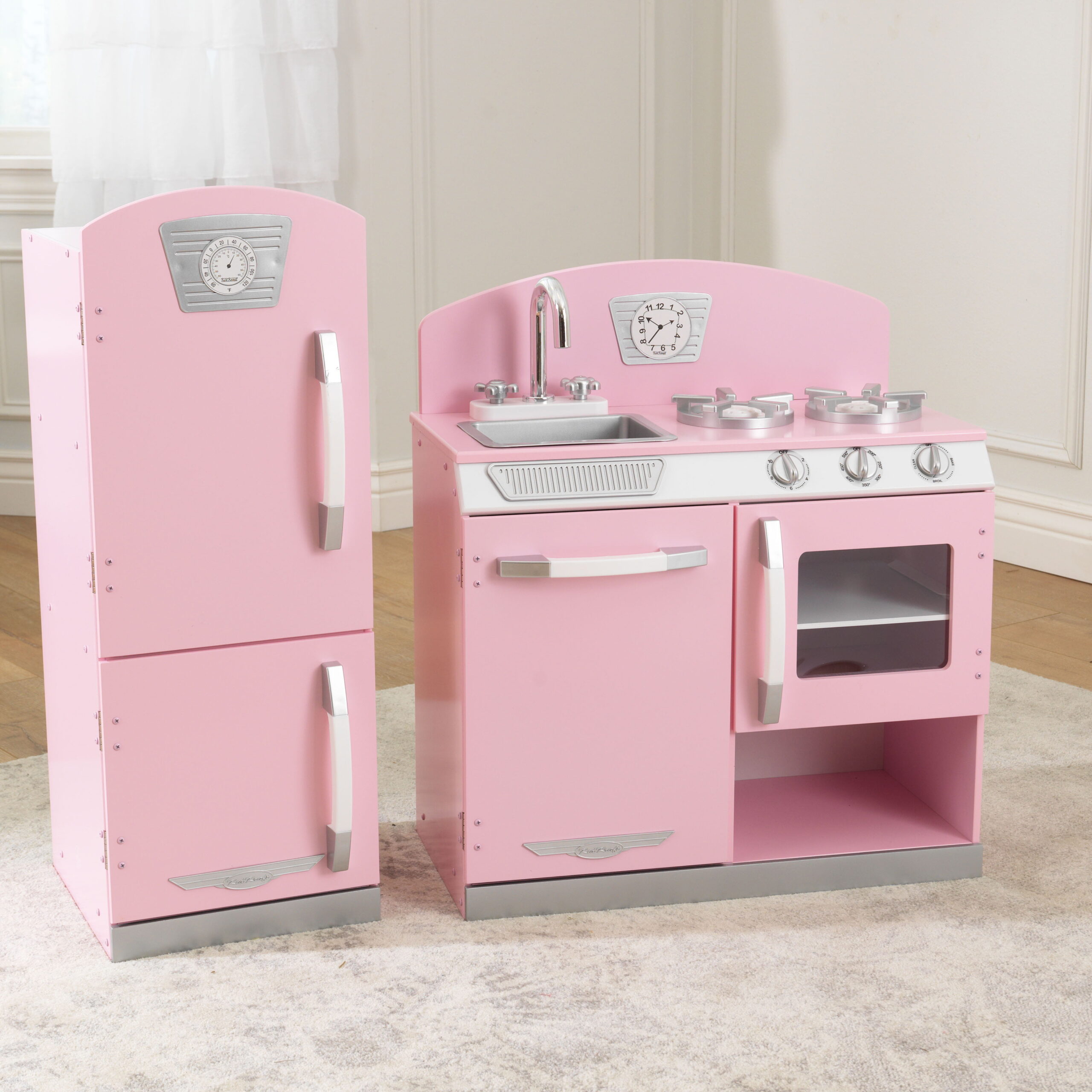 KidKraft Pink Retro Wooden Play Kitchen and Refrigerator 2-Piece Set