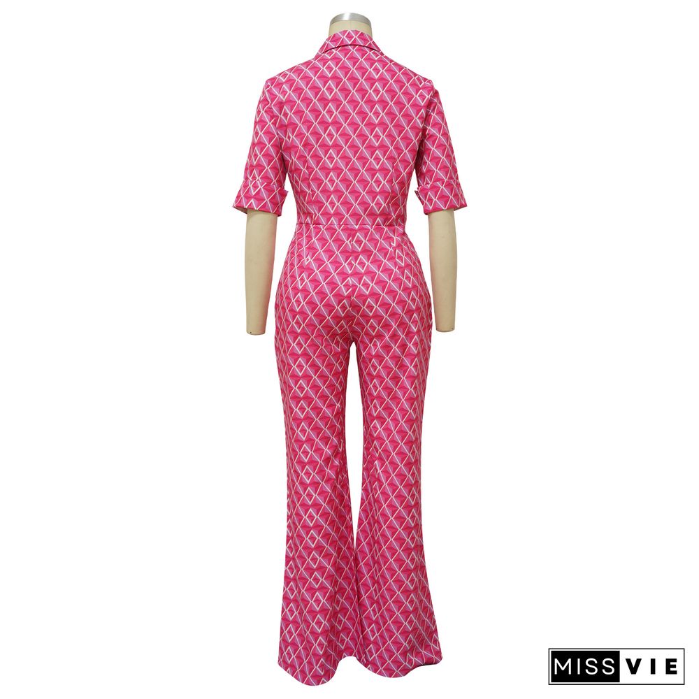 Elegant Half Sleeve Button Front Wide Leg Jumpsuit