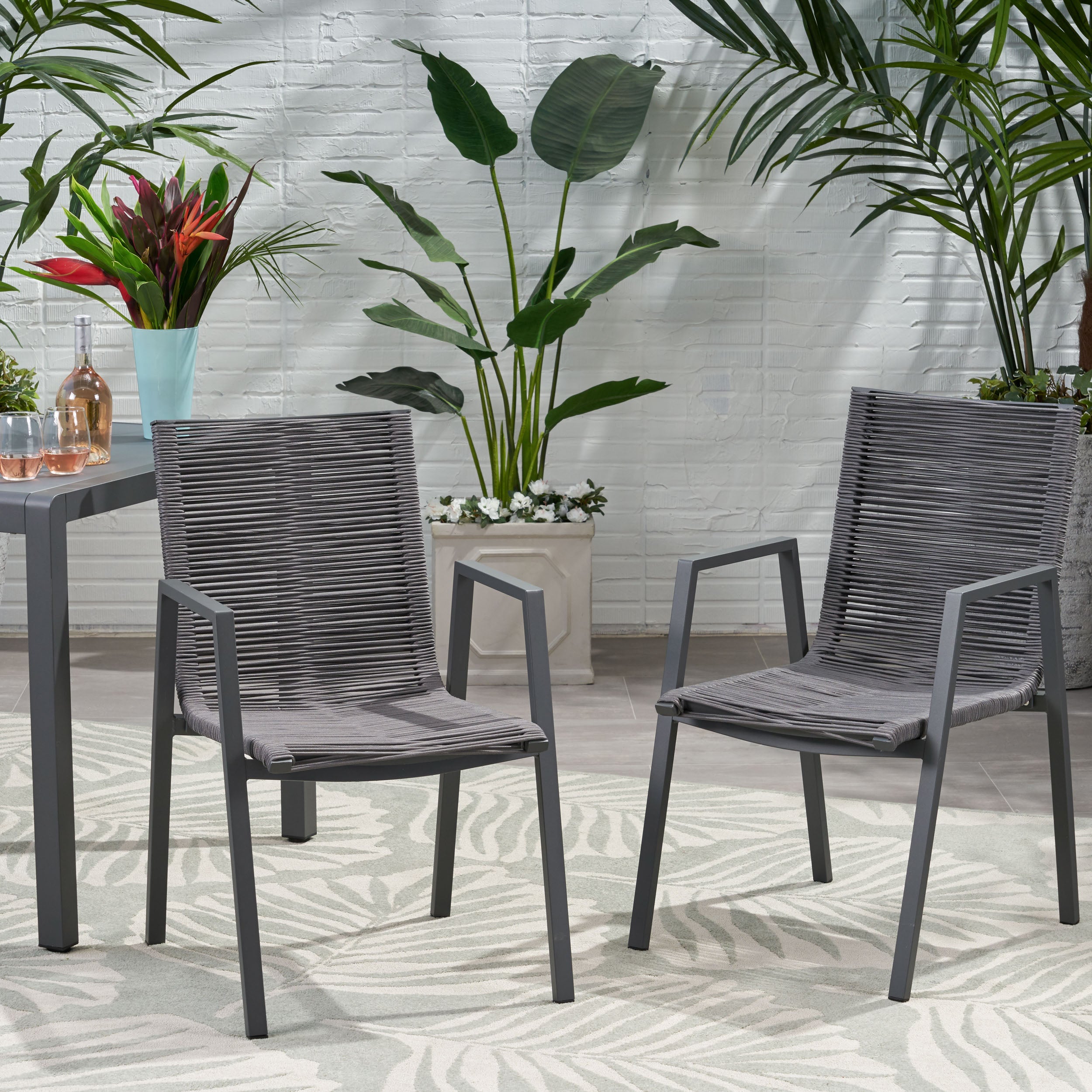 Kalli Outdoor Modern Aluminum Dining Chair with Rope Seat (Set of 2)