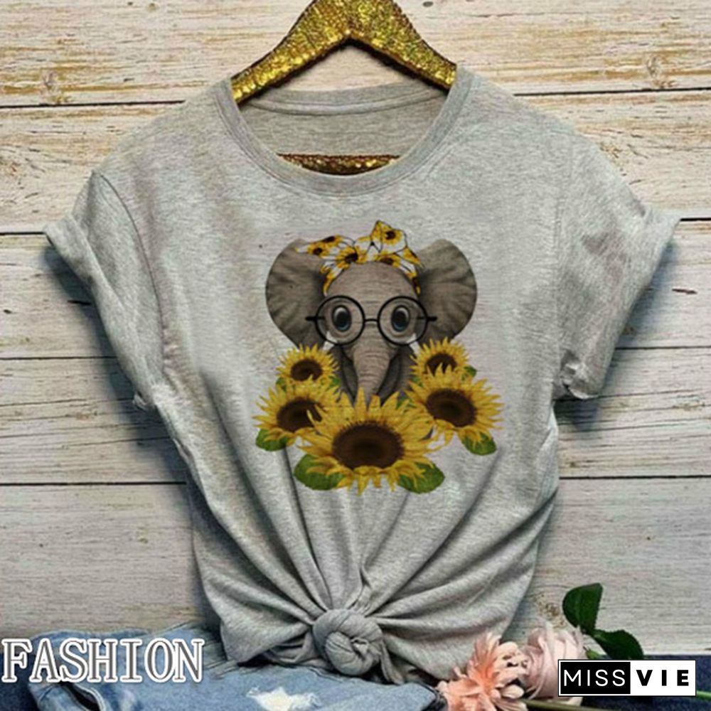 New Sunflower Elephant Print Short-sleeved Ladies T-shirt, Ladies Fashion Casual T-shirt.