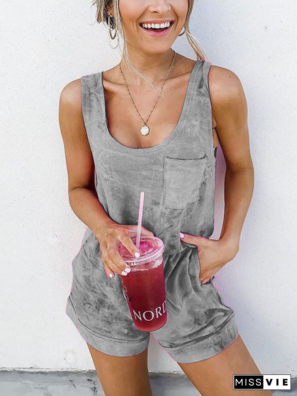 Fashion Tie Dye Sleeveless Pocket Rompers P11736