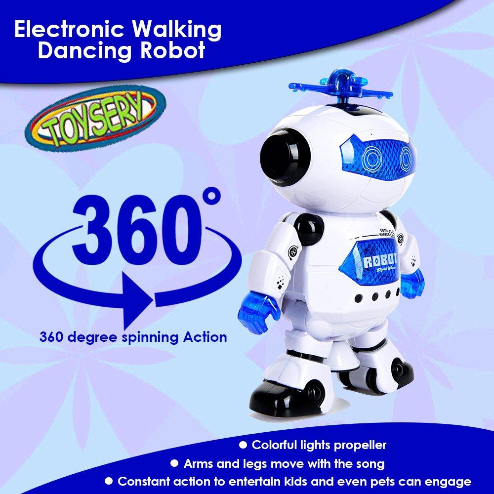 Toysery walking Robot for kids - 360° Body Spinning Dancing Robot Toy with LED Lights Flashing and Music， electronic learning toy robot