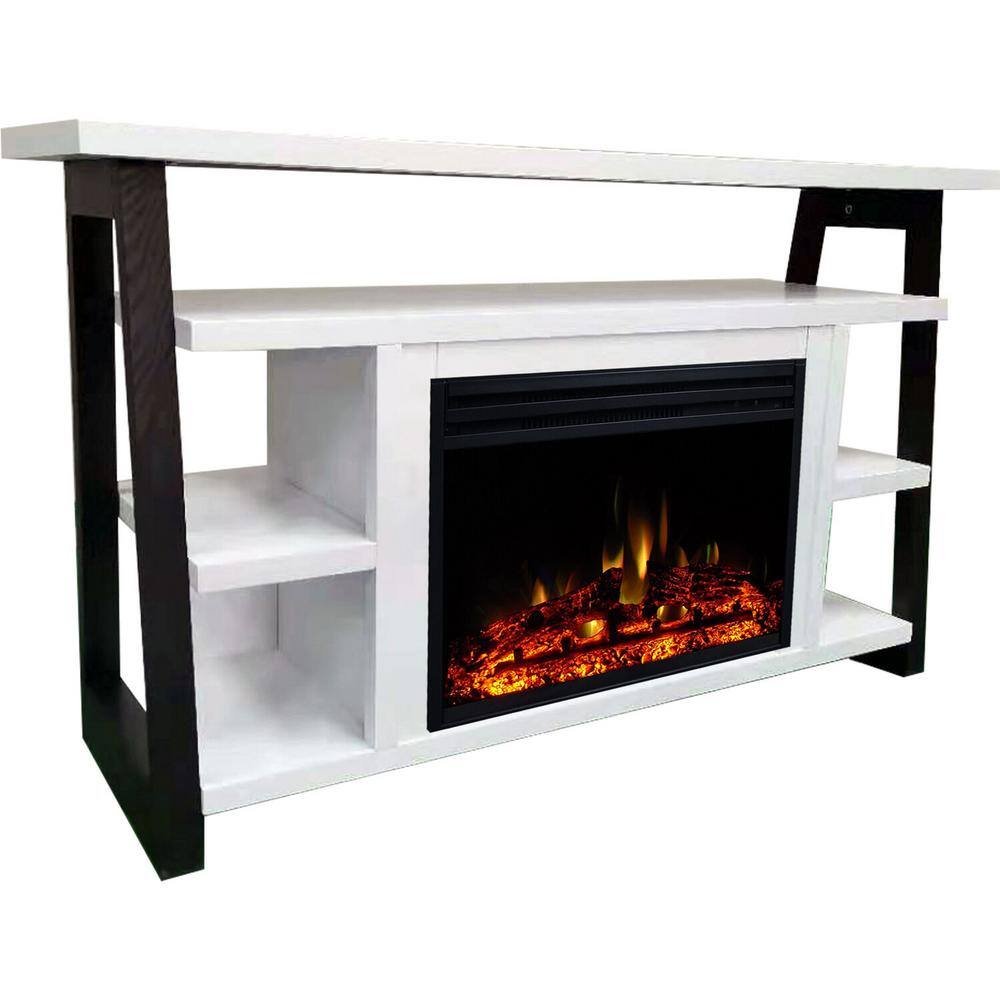 Hanover Industrial Chic 53.1 in.W Freestanding Electric Fireplace TV Stand in White and Black with Enhanced Log Display FS5332-1BWTL3