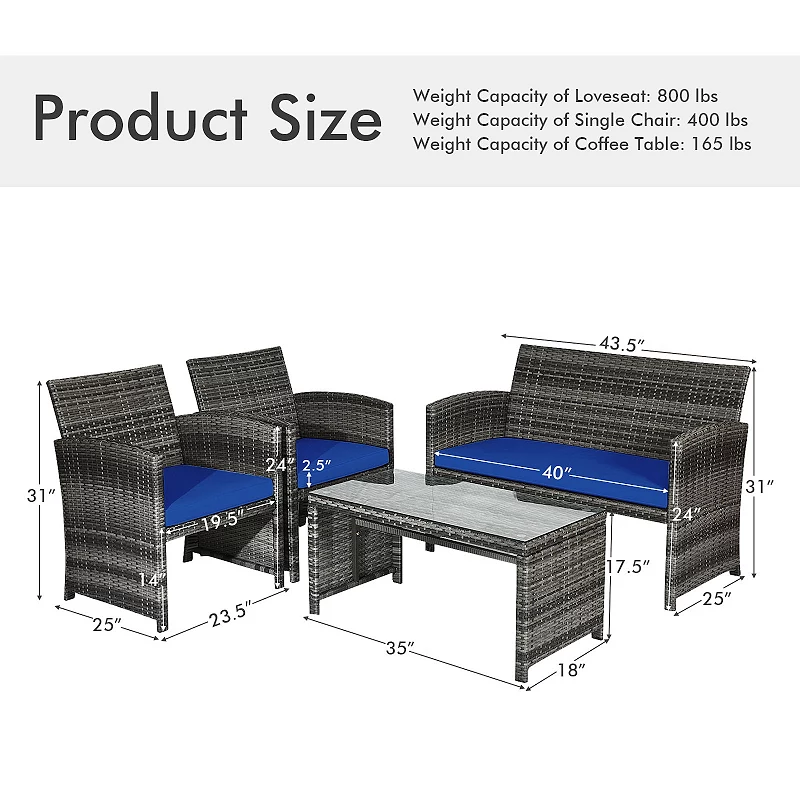 4 Pieces Patio Rattan Furniture Set Top Sofa With Glass Table