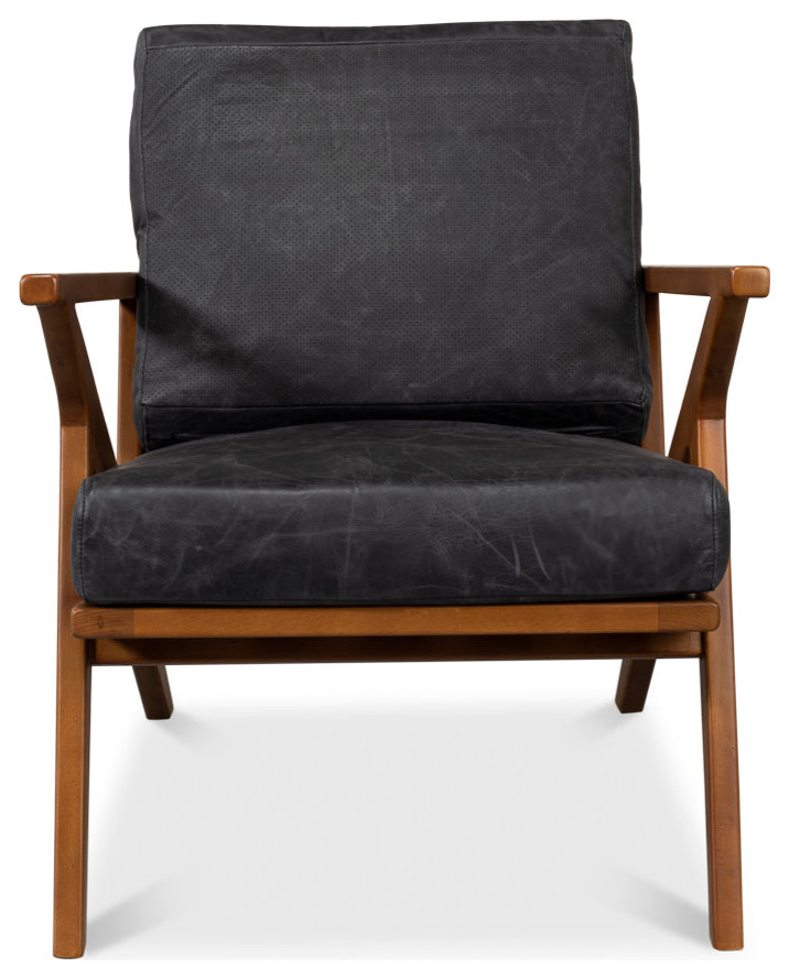 Delilah Black Leather Accent Chair Wood Arms   Traditional   Armchairs And Accent Chairs   by Sideboards and Things  Houzz